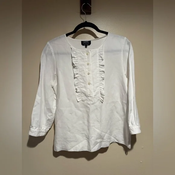 A.P.C.  Rue Madame Paris 3/4 sleeve ruffle front blouse tencel linen blend - Picture 2 of 7